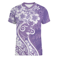 Polynesian Women's Day Women V-Neck T-Shirt Purple Hibiscus Flowers With Polynesian Pattern LT05 Female Purple - Polynesian Pride