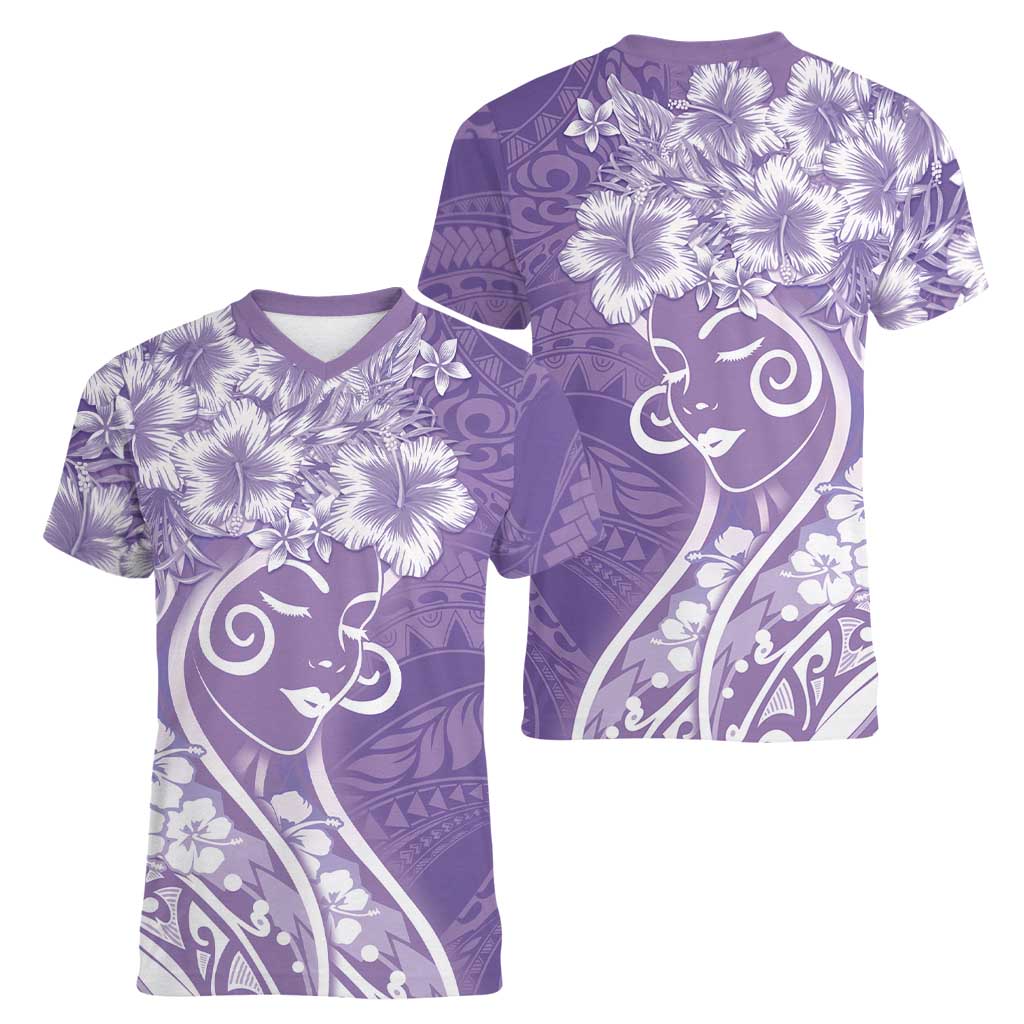 Polynesian Women's Day Women V-Neck T-Shirt Purple Hibiscus Flowers With Polynesian Pattern LT05 - Polynesian Pride
