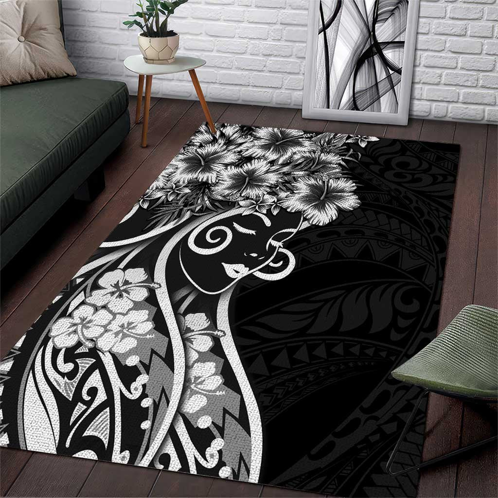 Polynesian Women's Day Area Rug Black Hibiscus Flowers With Polynesian Pattern