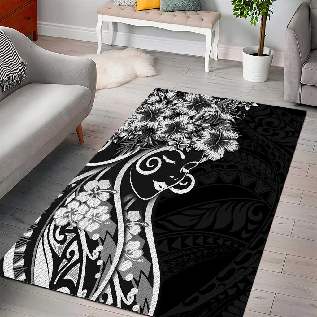 Polynesian Women's Day Area Rug Black Hibiscus Flowers With Polynesian Pattern