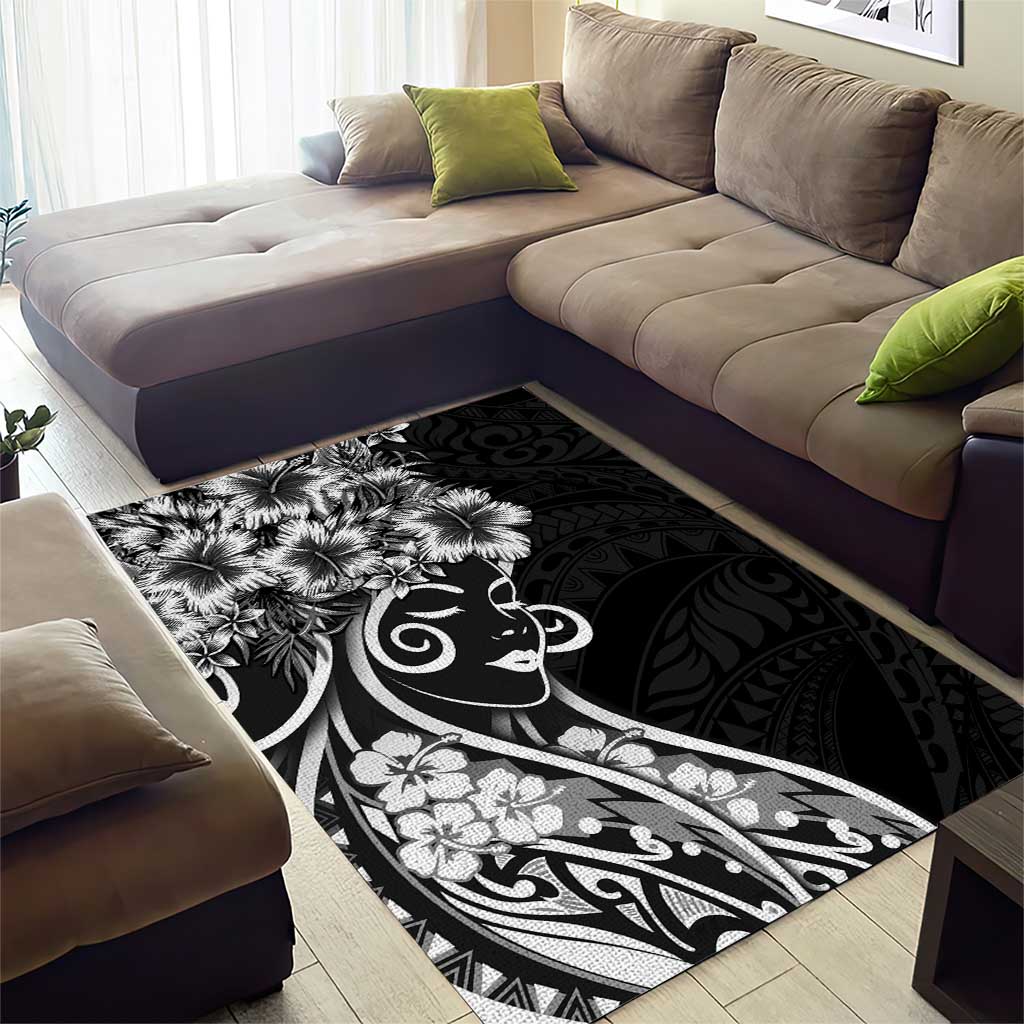 Polynesian Women's Day Area Rug Black Hibiscus Flowers With Polynesian Pattern