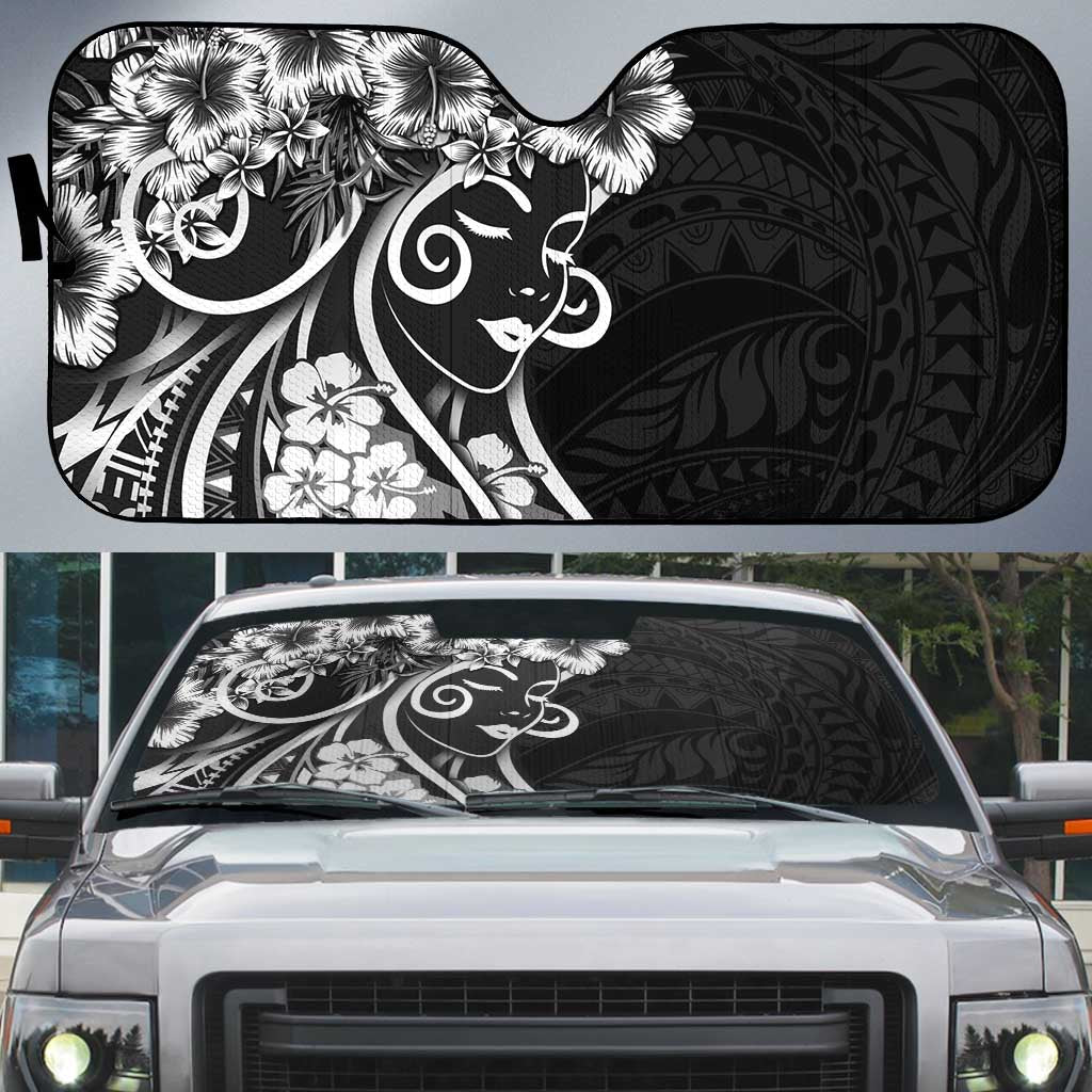 Polynesian Women's Day Auto Sun Shade Black Hibiscus Flowers With Polynesian Pattern LT05 Black - Polynesian Pride