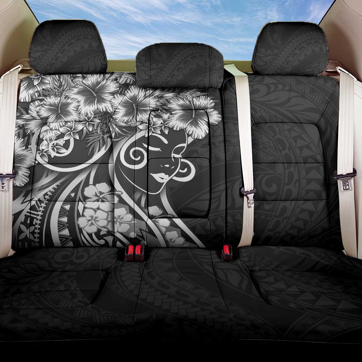 Polynesian Women's Day Back Car Seat Cover Black Hibiscus Flowers With Polynesian Pattern