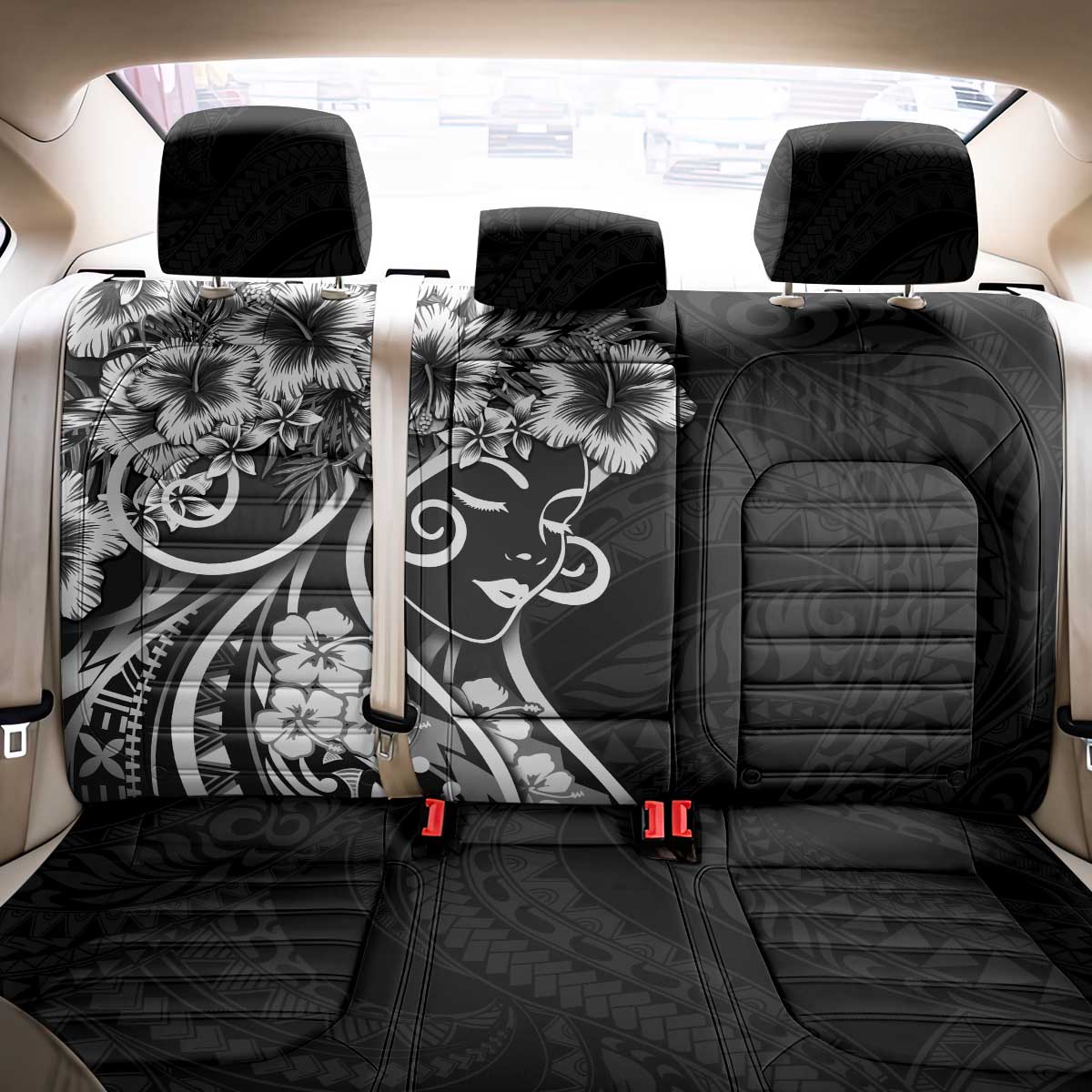 Polynesian Women's Day Back Car Seat Cover Black Hibiscus Flowers With Polynesian Pattern LT05 - Polynesian Pride
