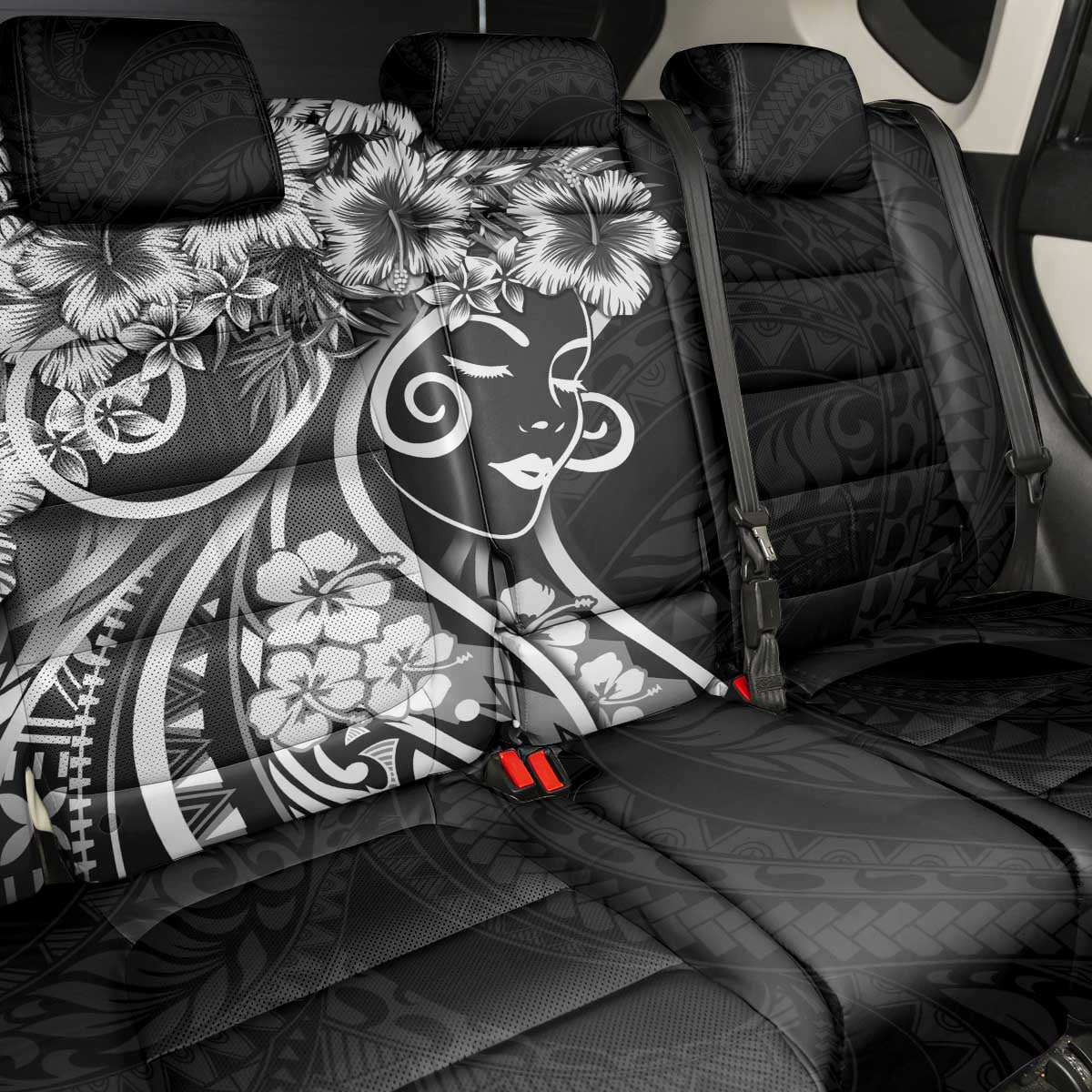 Polynesian Women's Day Back Car Seat Cover Black Hibiscus Flowers With Polynesian Pattern LT05 - Polynesian Pride