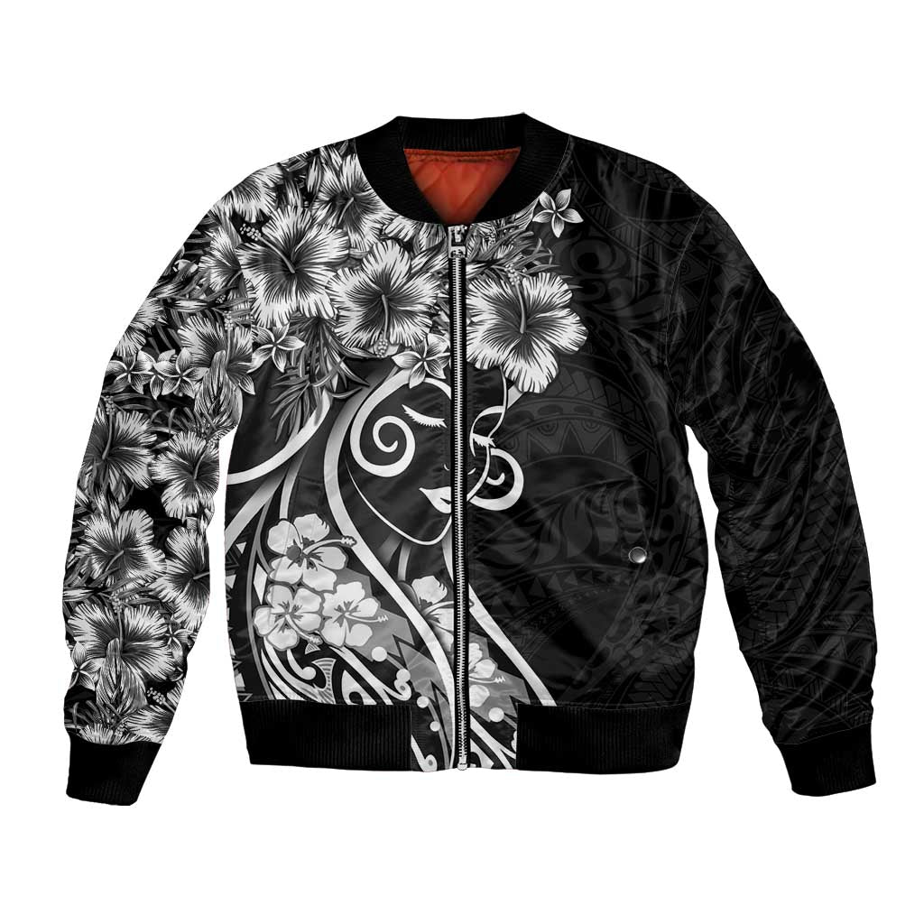 Polynesian Women's Day Bomber Jacket Black Hibiscus Flowers With Polynesian Pattern LT05 Unisex Black - Polynesian Pride