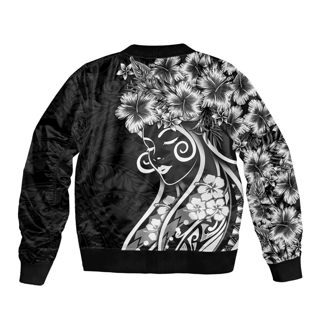 Polynesian Women's Day Bomber Jacket Black Hibiscus Flowers With Polynesian Pattern LT05 - Polynesian Pride