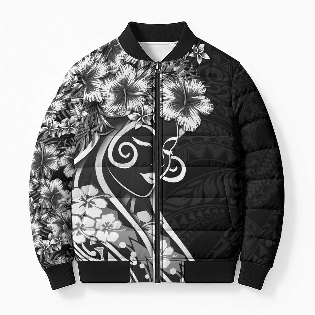 Polynesian Women's Day Bomber Puffer Jacket Black Hibiscus Flowers With Polynesian Pattern