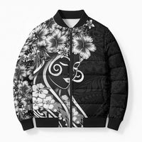 Polynesian Women's Day Bomber Puffer Jacket Black Hibiscus Flowers With Polynesian Pattern