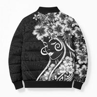 Polynesian Women's Day Bomber Puffer Jacket Black Hibiscus Flowers With Polynesian Pattern