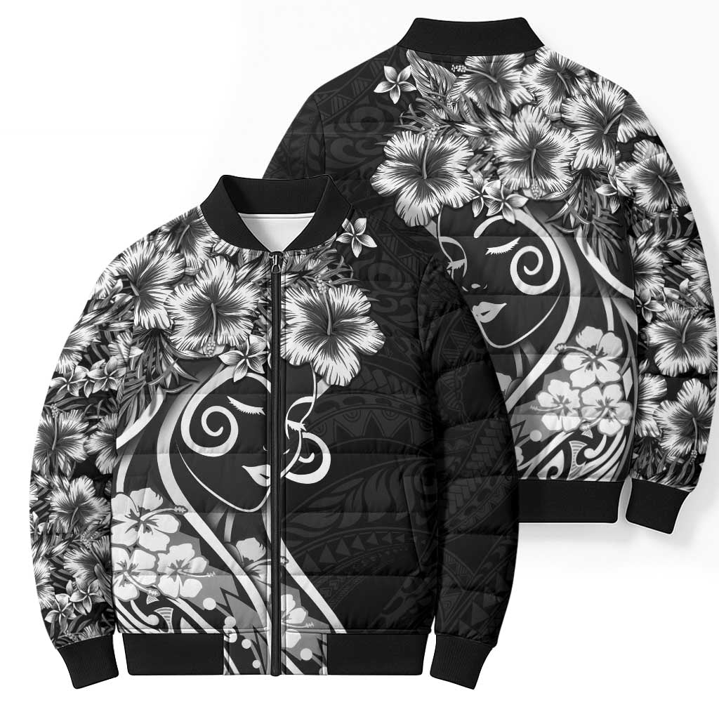 Polynesian Women's Day Bomber Puffer Jacket Black Hibiscus Flowers With Polynesian Pattern