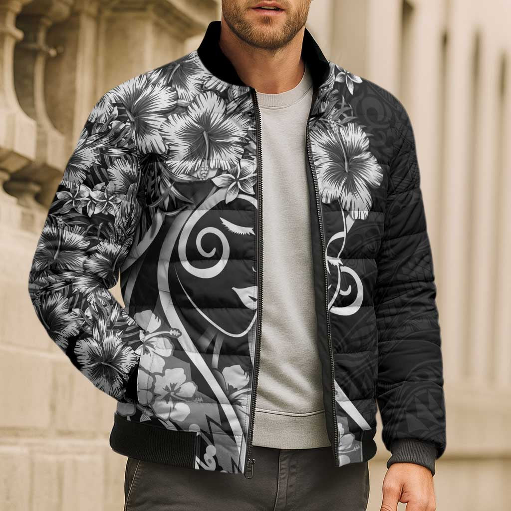 Polynesian Women's Day Bomber Puffer Jacket Black Hibiscus Flowers With Polynesian Pattern