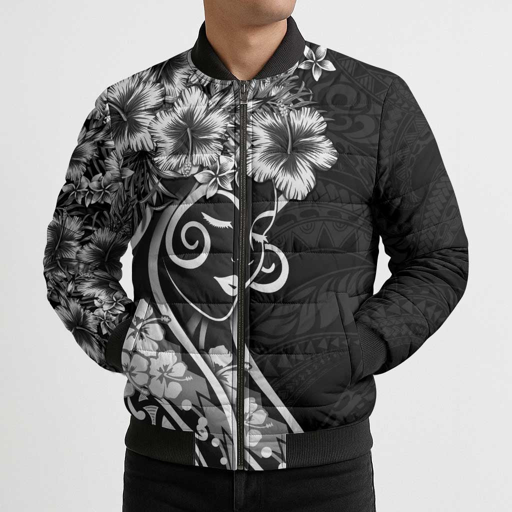 Polynesian Women's Day Bomber Puffer Jacket Black Hibiscus Flowers With Polynesian Pattern