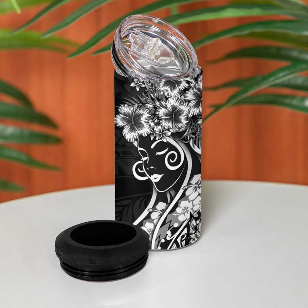 Polynesian Women's Day 4 in 1 Can Cooler Tumbler Black Hibiscus Flowers With Polynesian Pattern LT05 - Polynesian Pride