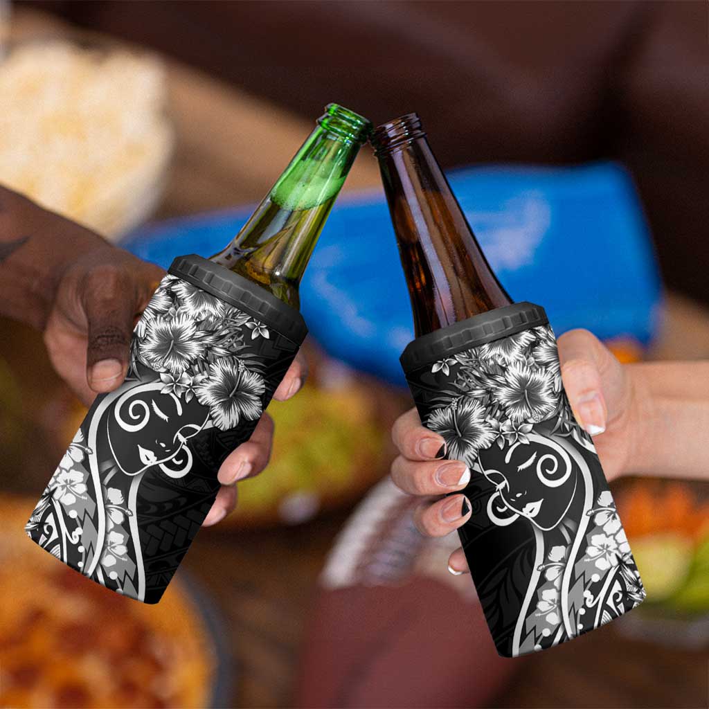 Polynesian Women's Day 4 in 1 Can Cooler Tumbler Black Hibiscus Flowers With Polynesian Pattern LT05 - Polynesian Pride