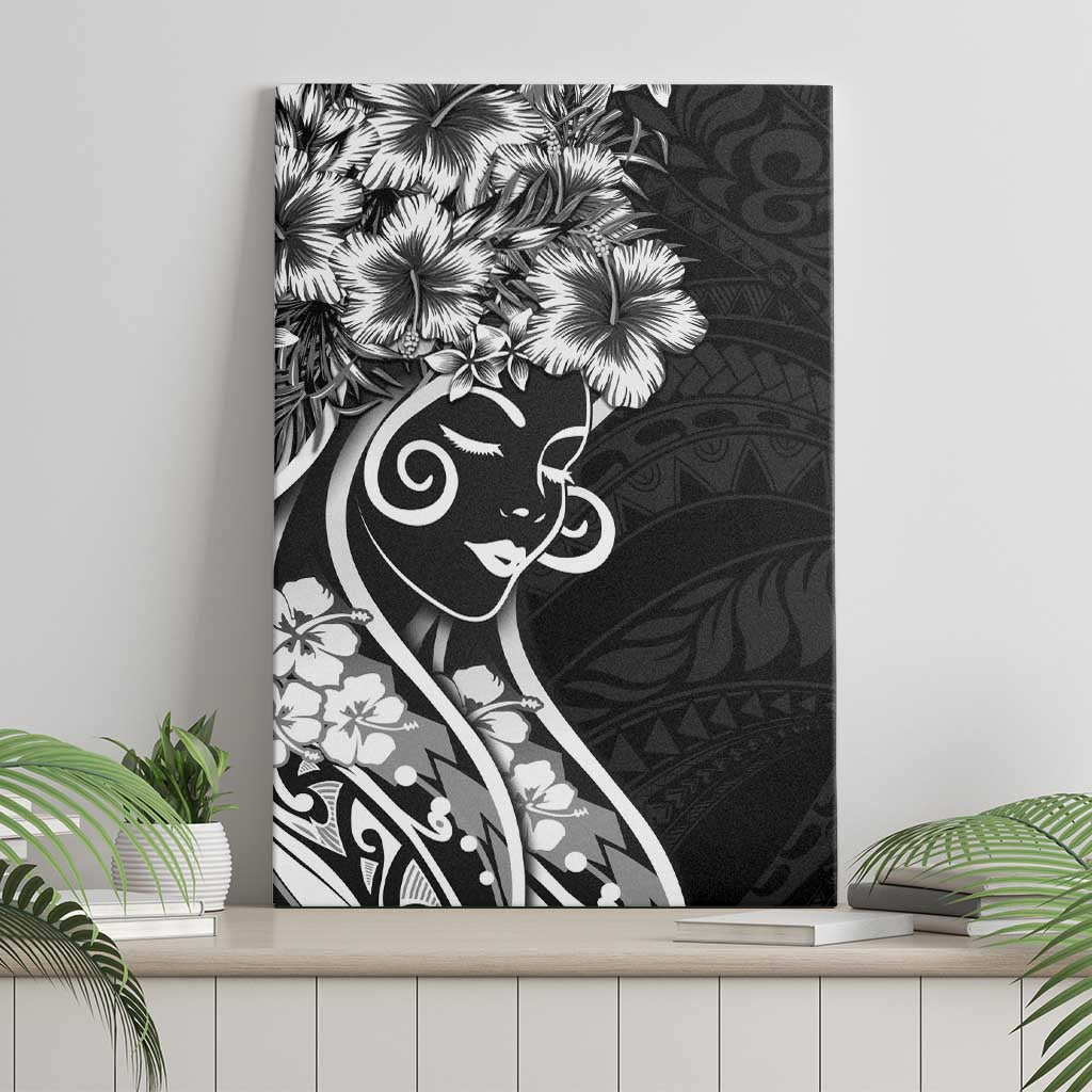 Polynesian Women's Day Canvas Wall Art Black Hibiscus Flowers With Polynesian Pattern LT05 - Polynesian Pride