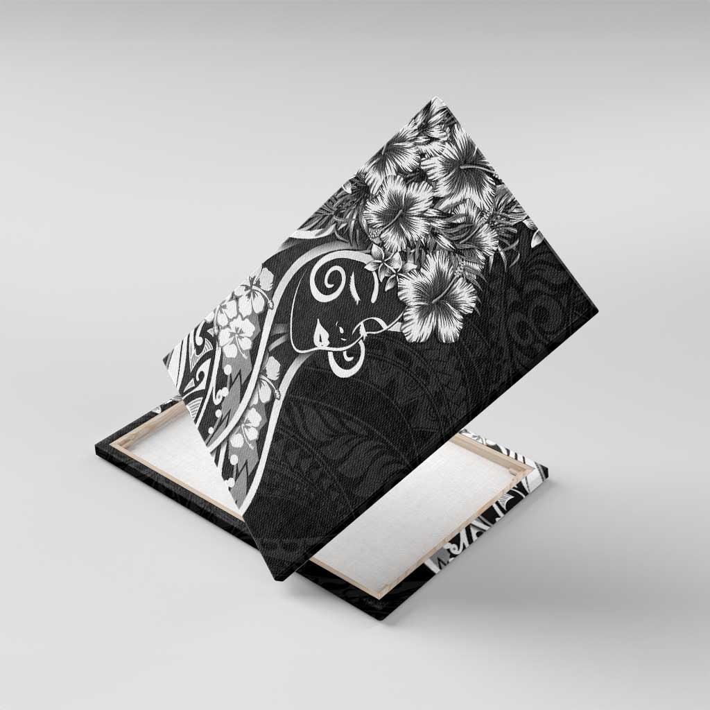 Polynesian Women's Day Canvas Wall Art Black Hibiscus Flowers With Polynesian Pattern LT05 With Frame Black - Polynesian Pride