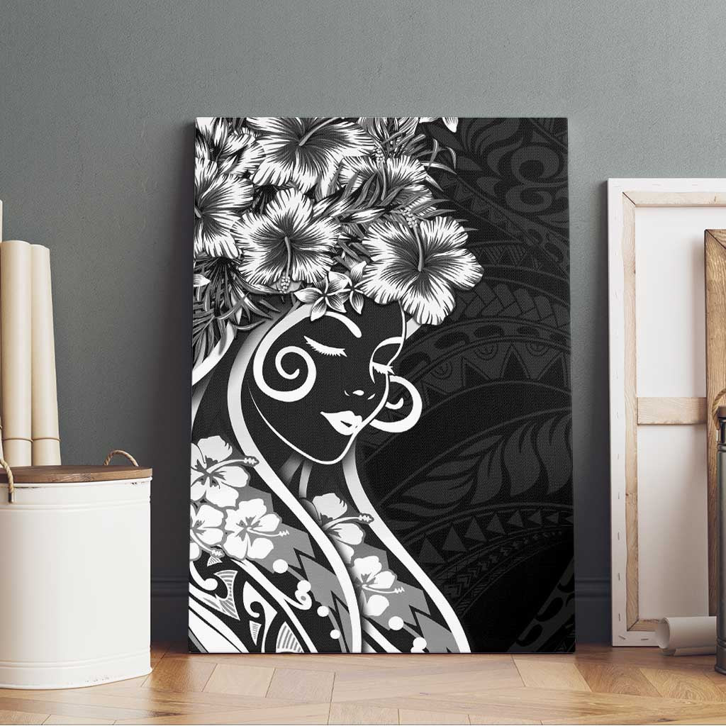 Polynesian Women's Day Canvas Wall Art Black Hibiscus Flowers With Polynesian Pattern LT05 - Polynesian Pride