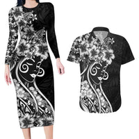 Polynesian Women's Day Couples Matching Long Sleeve Bodycon Dress and Hawaiian Shirt Black Hibiscus Flowers With Polynesian Pattern