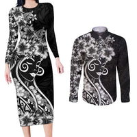 Polynesian Women's Day Couples Matching Long Sleeve Bodycon Dress and Long Sleeve Button Shirt Black Hibiscus Flowers With Polynesian Pattern