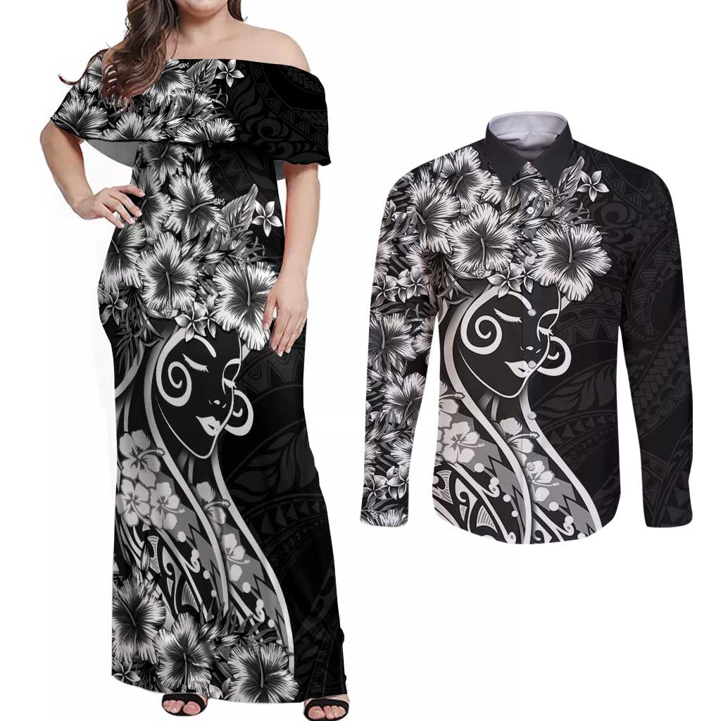 Polynesian Women's Day Couples Matching Off Shoulder Maxi Dress and Long Sleeve Button Shirt Black Hibiscus Flowers With Polynesian Pattern LT05 Black - Polynesian Pride