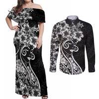 Polynesian Women's Day Couples Matching Off Shoulder Maxi Dress and Long Sleeve Button Shirt Black Hibiscus Flowers With Polynesian Pattern LT05 Black - Polynesian Pride