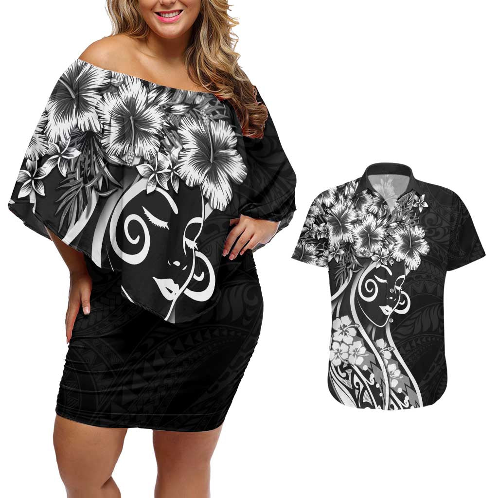 Polynesian Women's Day Couples Matching Off Shoulder Short Dress and Hawaiian Shirt Black Hibiscus Flowers With Polynesian Pattern LT05 Black - Polynesian Pride