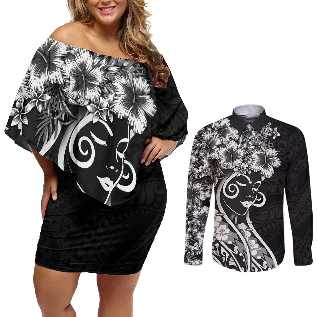 Polynesian Women's Day Couples Matching Off Shoulder Short Dress and Long Sleeve Button Shirt Black Hibiscus Flowers With Polynesian Pattern LT05 Black - Polynesian Pride