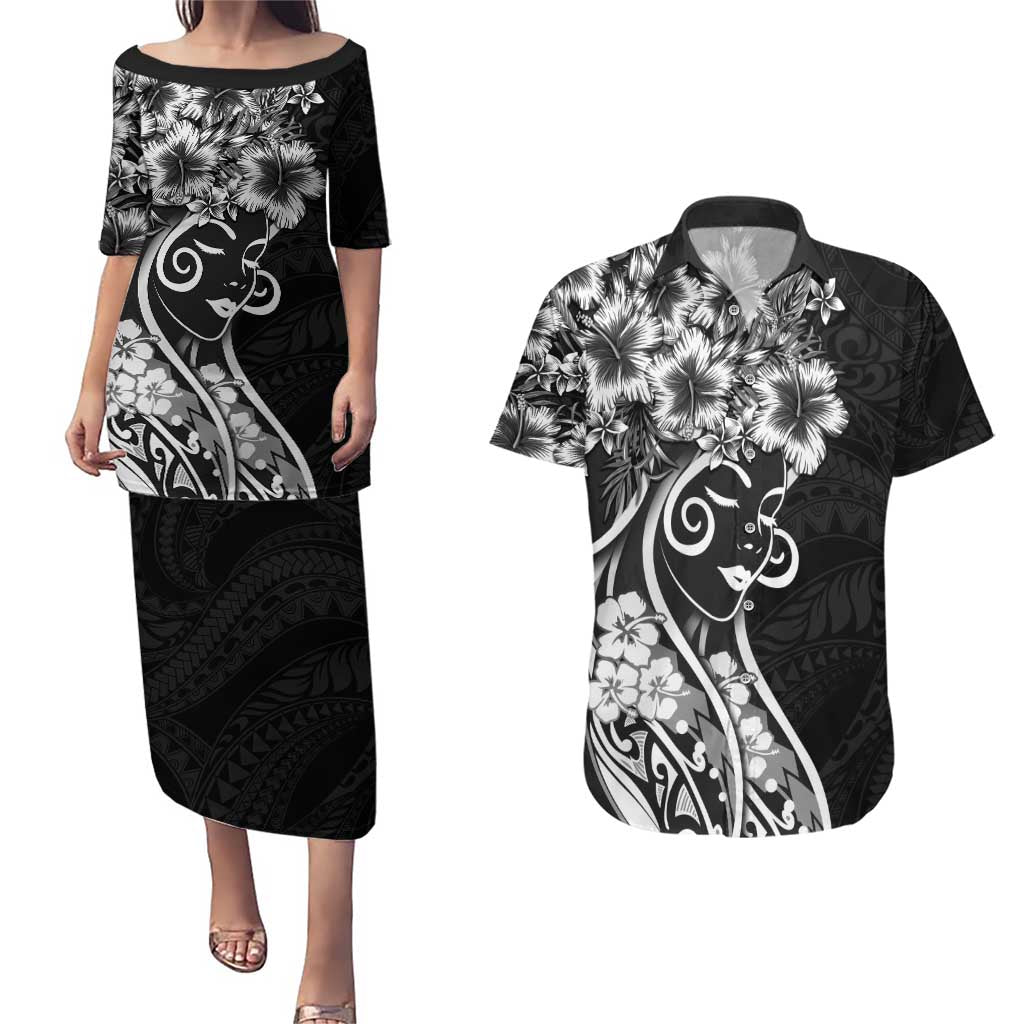 Polynesian Women's Day Couples Matching Puletasi and Hawaiian Shirt Black Hibiscus Flowers With Polynesian Pattern LT05 Black - Polynesian Pride