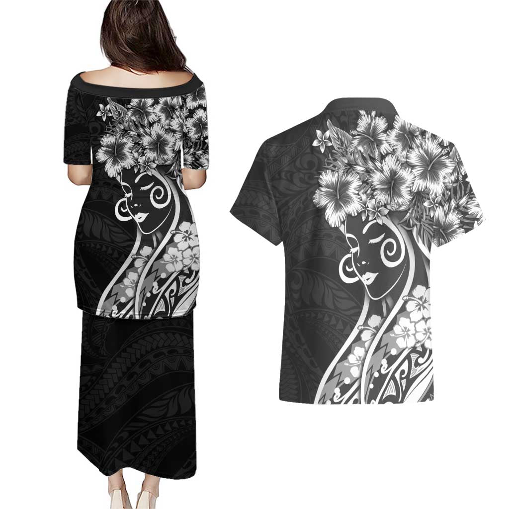 Polynesian Women's Day Couples Matching Puletasi and Hawaiian Shirt Black Hibiscus Flowers With Polynesian Pattern LT05 - Polynesian Pride