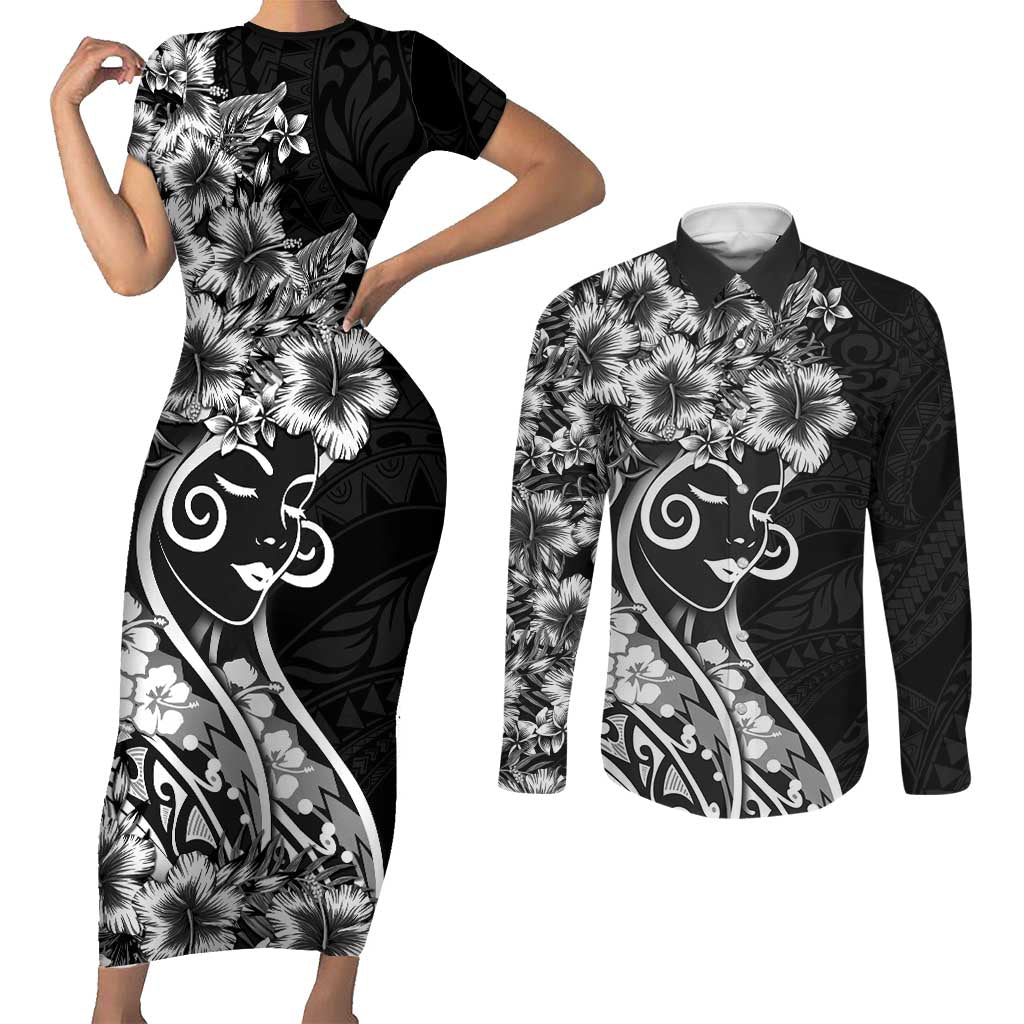Polynesian Women's Day Couples Matching Short Sleeve Bodycon Dress and Long Sleeve Button Shirt Black Hibiscus Flowers With Polynesian Pattern LT05 Black - Polynesian Pride