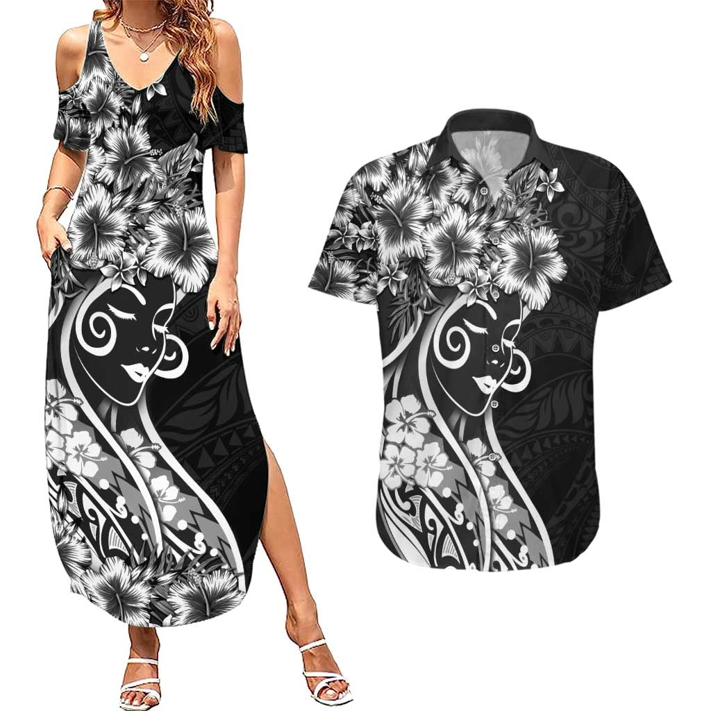 Polynesian Women's Day Couples Matching Summer Maxi Dress and Hawaiian Shirt Black Hibiscus Flowers With Polynesian Pattern LT05 Black - Polynesian Pride