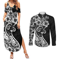 Polynesian Women's Day Couples Matching Summer Maxi Dress and Long Sleeve Button Shirt Black Hibiscus Flowers With Polynesian Pattern LT05 Black - Polynesian Pride