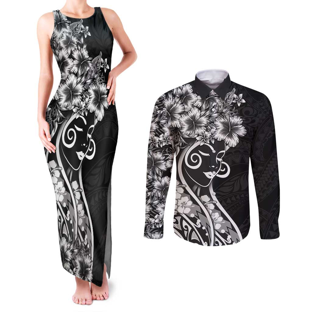 Polynesian Women's Day Couples Matching Tank Maxi Dress and Long Sleeve Button Shirt Black Hibiscus Flowers With Polynesian Pattern LT05 Black - Polynesian Pride