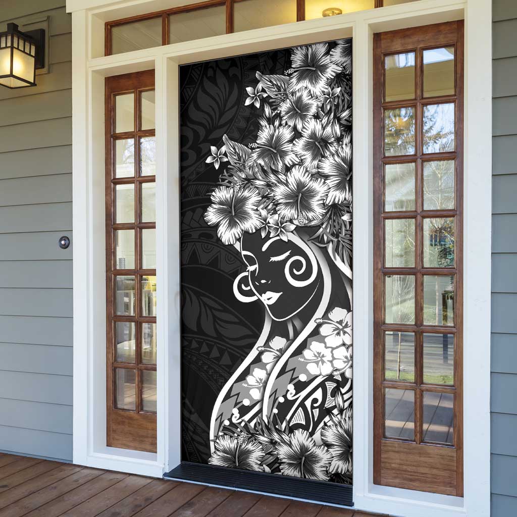 Polynesian Women's Day Door Cover Black Hibiscus Flowers With Polynesian Pattern LT05 - Polynesian Pride