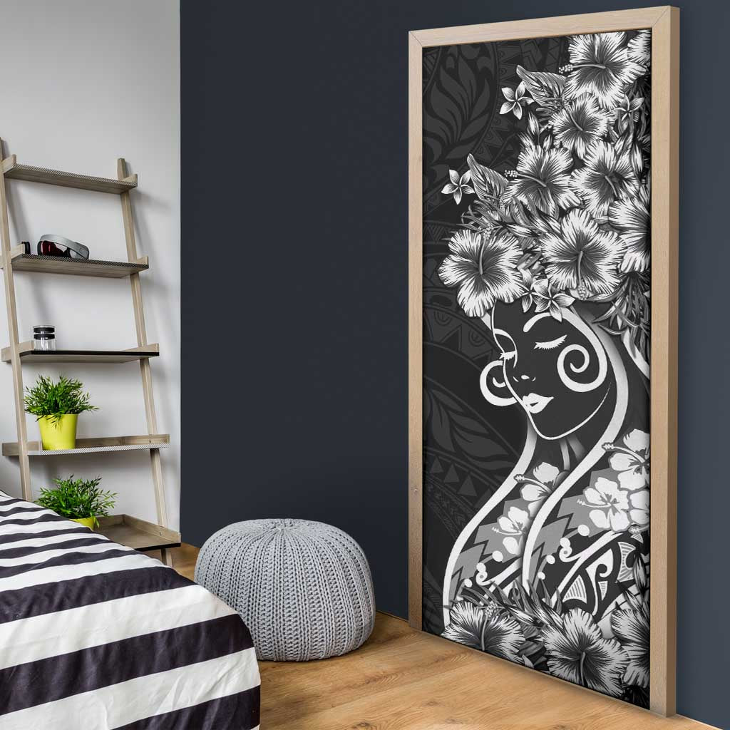 Polynesian Women's Day Door Cover Black Hibiscus Flowers With Polynesian Pattern LT05 - Polynesian Pride