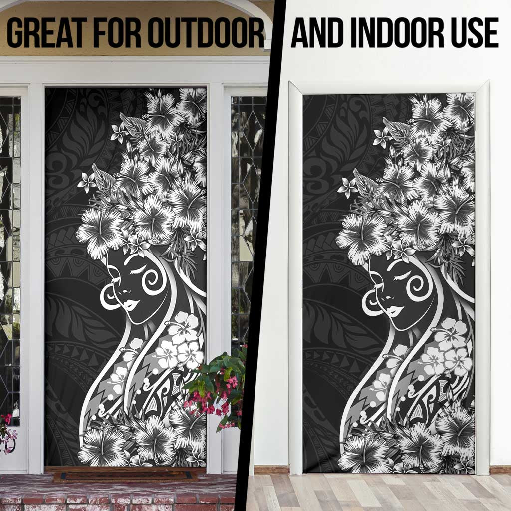 Polynesian Women's Day Door Cover Black Hibiscus Flowers With Polynesian Pattern LT05 - Polynesian Pride
