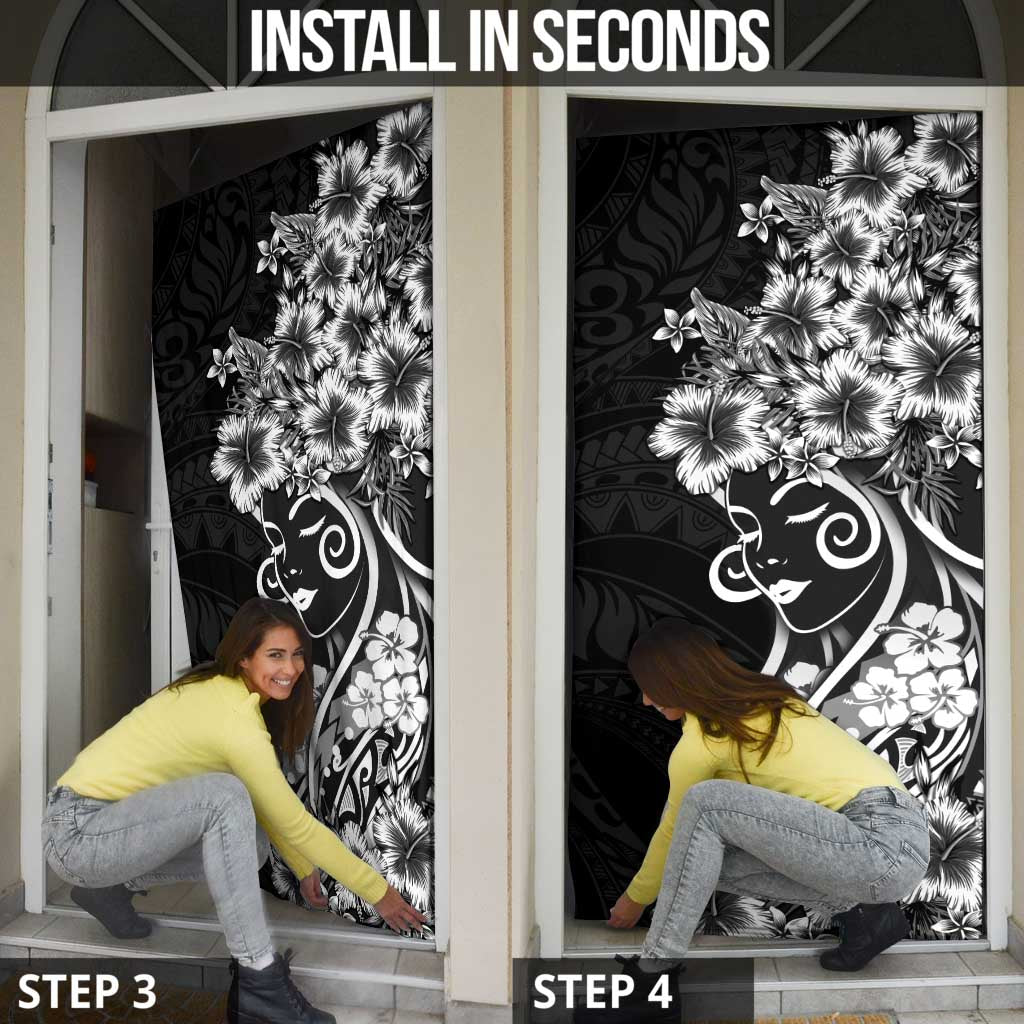 Polynesian Women's Day Door Cover Black Hibiscus Flowers With Polynesian Pattern LT05 - Polynesian Pride