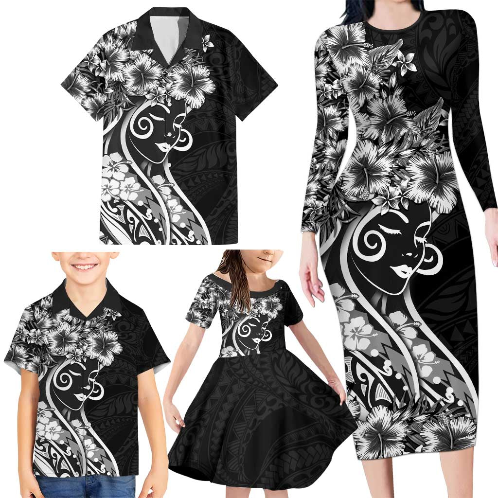Polynesian Women's Day Family Matching Long Sleeve Bodycon Dress and Hawaiian Shirt Black Hibiscus Flowers With Polynesian Pattern LT05 - Polynesian Pride