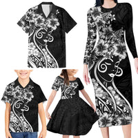 Polynesian Women's Day Family Matching Long Sleeve Bodycon Dress and Hawaiian Shirt Black Hibiscus Flowers With Polynesian Pattern