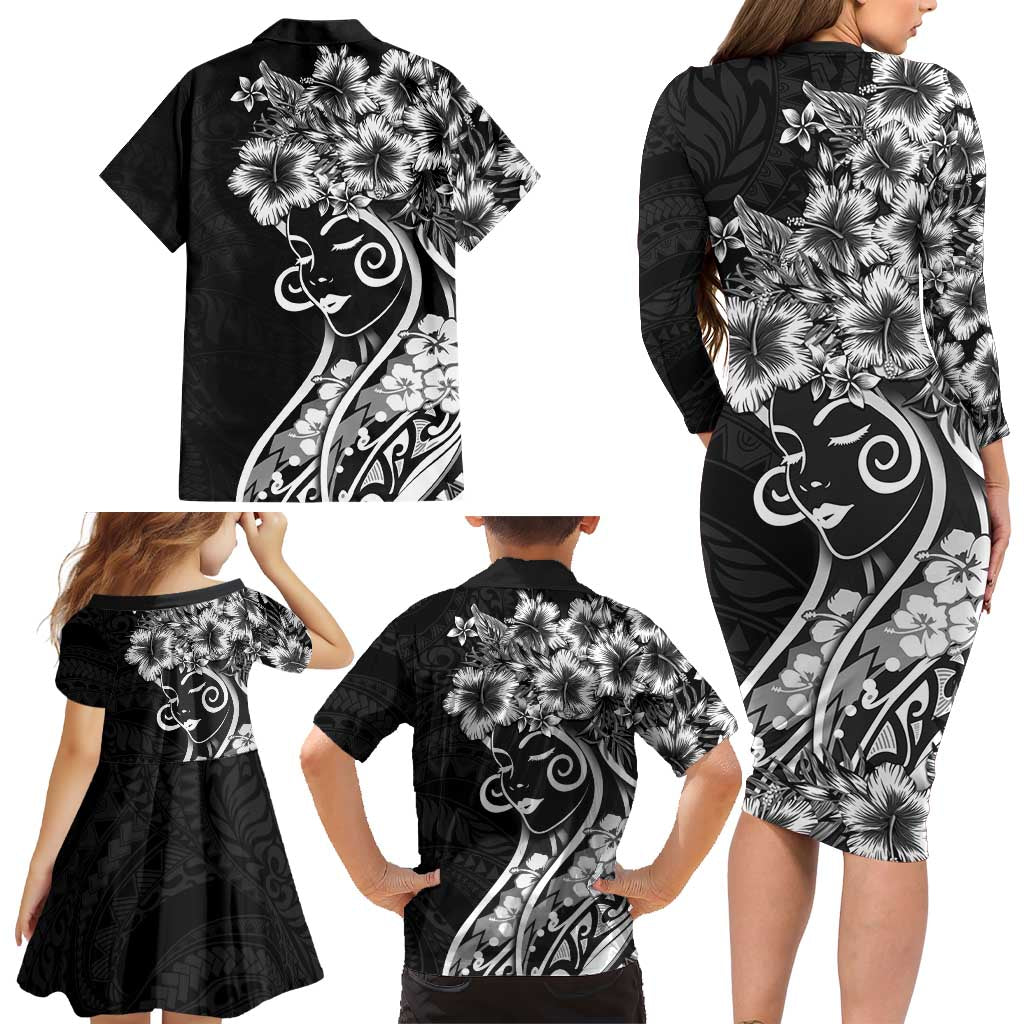 Polynesian Women's Day Family Matching Long Sleeve Bodycon Dress and Hawaiian Shirt Black Hibiscus Flowers With Polynesian Pattern