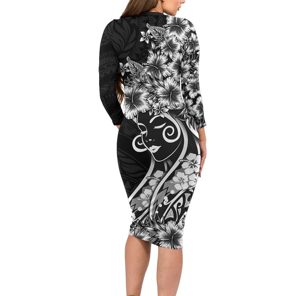 Polynesian Women's Day Family Matching Long Sleeve Bodycon Dress and Hawaiian Shirt Black Hibiscus Flowers With Polynesian Pattern