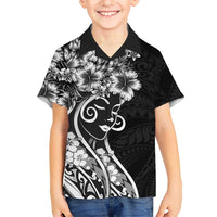 Polynesian Women's Day Family Matching Long Sleeve Bodycon Dress and Hawaiian Shirt Black Hibiscus Flowers With Polynesian Pattern