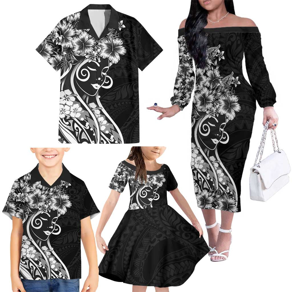 Polynesian Women's Day Family Matching Off The Shoulder Long Sleeve Dress and Hawaiian Shirt Black Hibiscus Flowers With Polynesian Pattern LT05 - Polynesian Pride