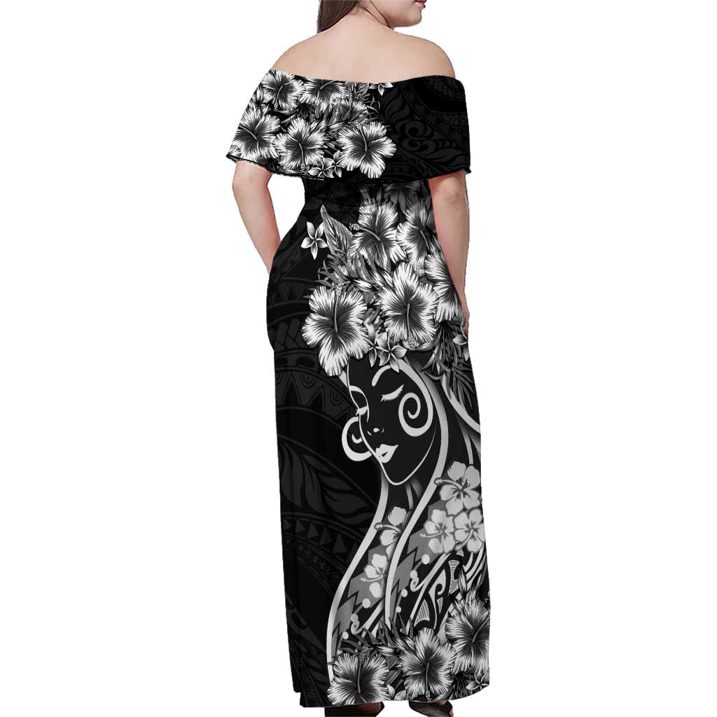 Polynesian Women's Day Family Matching Off Shoulder Maxi Dress and Hawaiian Shirt Black Hibiscus Flowers With Polynesian Pattern