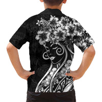 Polynesian Women's Day Family Matching Off Shoulder Short Dress and Hawaiian Shirt Black Hibiscus Flowers With Polynesian Pattern