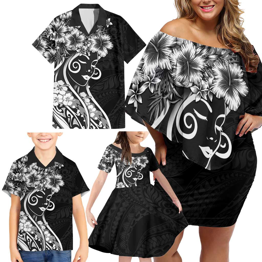 Polynesian Women's Day Family Matching Off Shoulder Short Dress and Hawaiian Shirt Black Hibiscus Flowers With Polynesian Pattern LT05 - Polynesian Pride