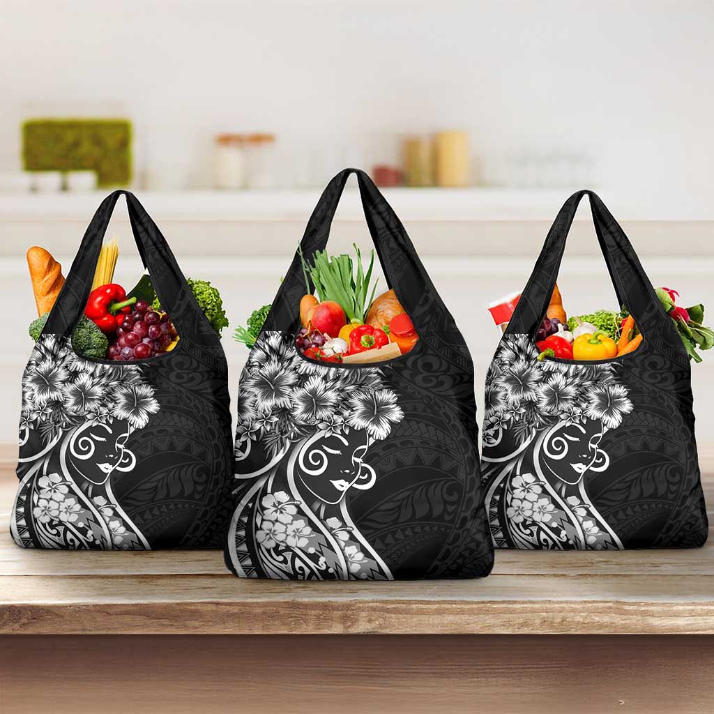 Polynesian Women's Day Grocery Bag Black Hibiscus Flowers With Polynesian Pattern LT05 3-pack One Size Black - Polynesian Pride