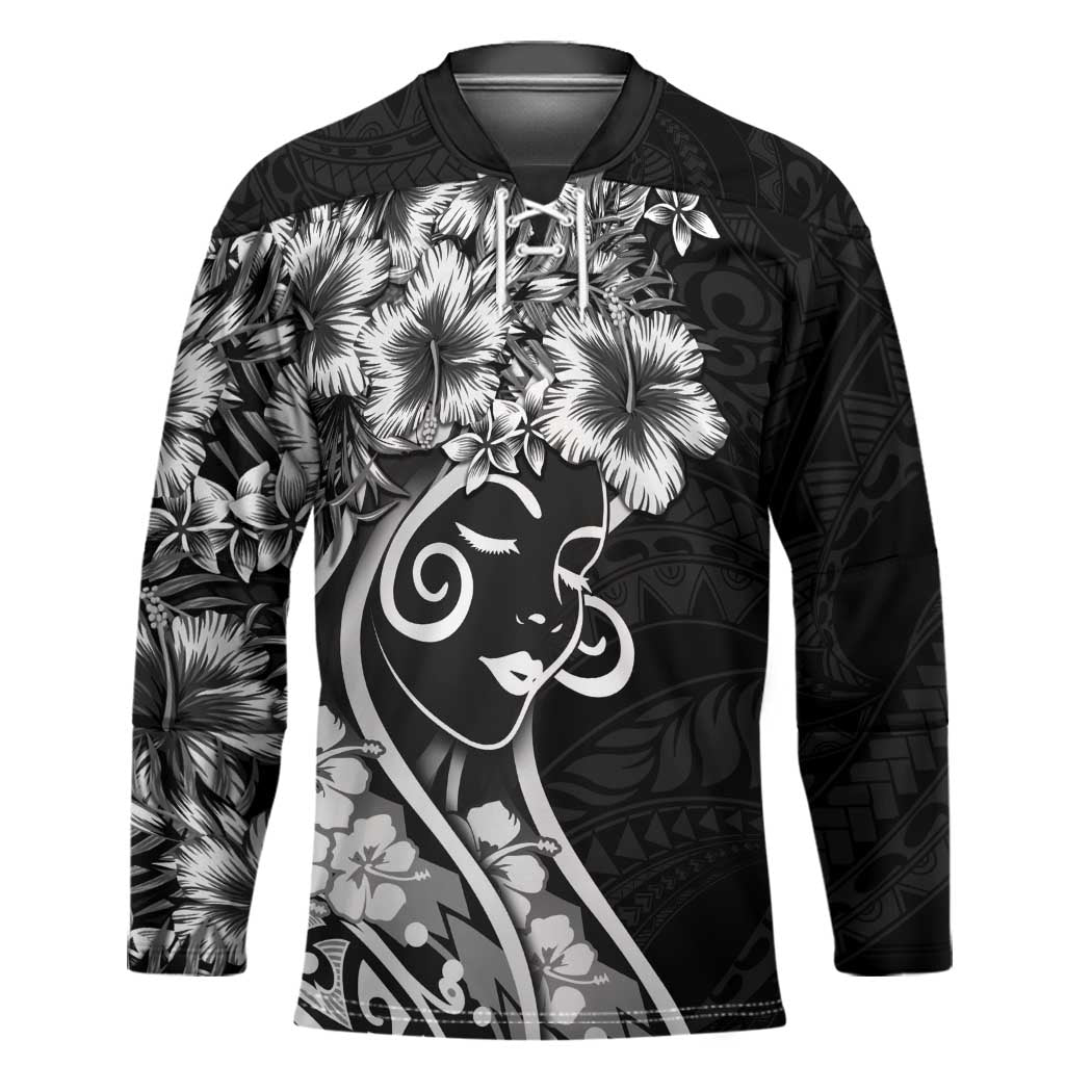 Polynesian Women's Day Hockey Jersey Black Hibiscus Flowers With Polynesian Pattern
