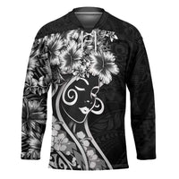Polynesian Women's Day Hockey Jersey Black Hibiscus Flowers With Polynesian Pattern